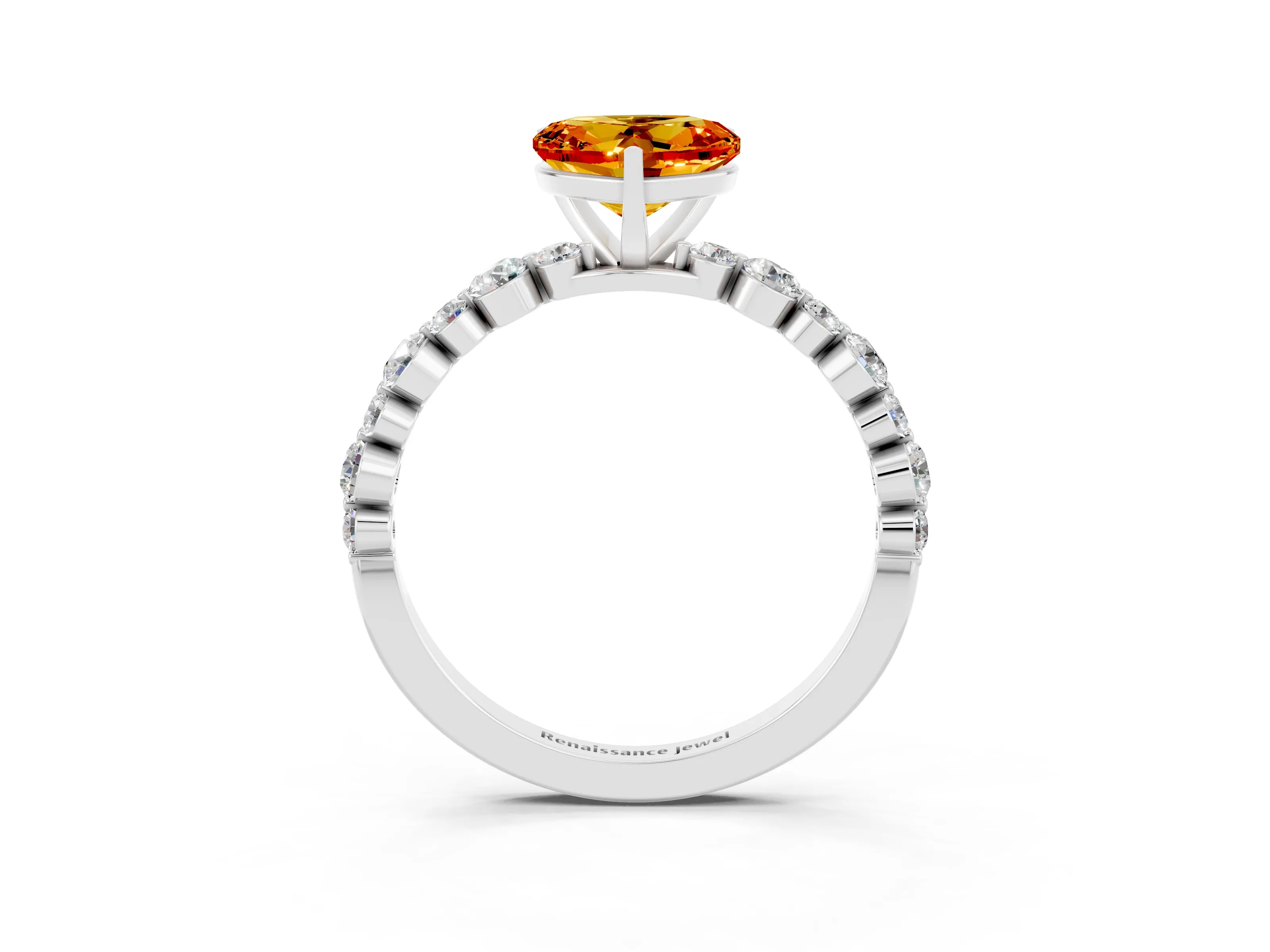White gold Heart Cut Citrine Prong Set Engagement Ring with Pavé Band_3
