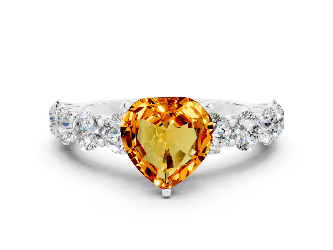 White gold Heart Cut Citrine Prong Setting with Side Stones on a Pave Band