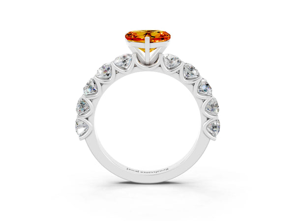 White gold Heart Cut Citrine Prong Setting with Side Stones on a Pave Band
