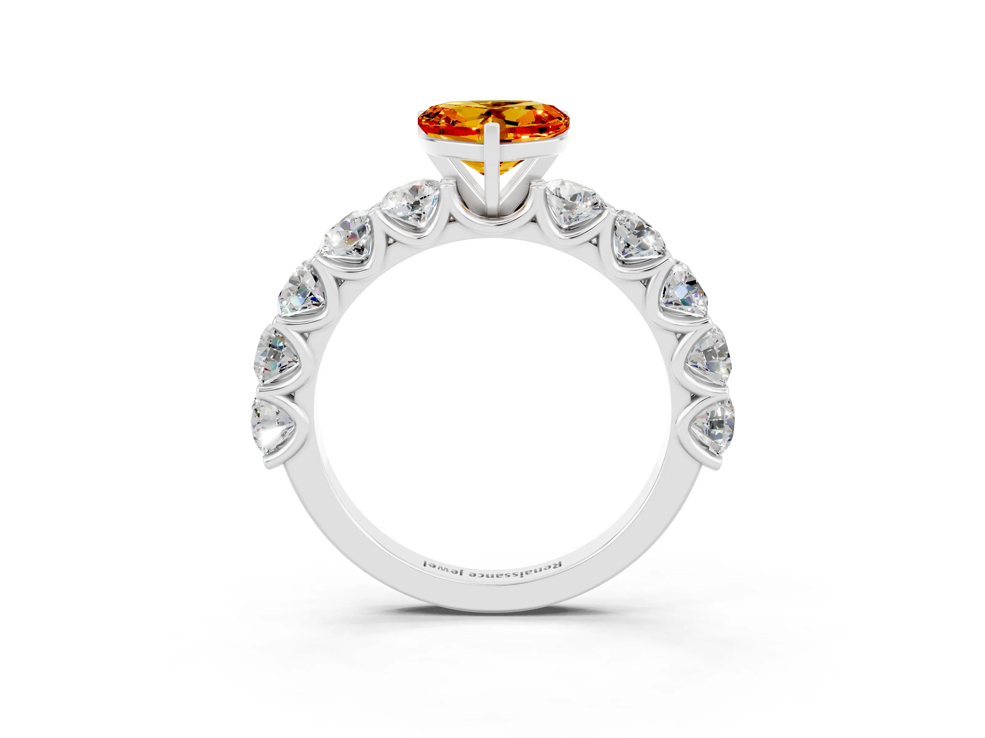 White gold Heart Cut Citrine Prong Setting with Side Stones on a Pave Band_3