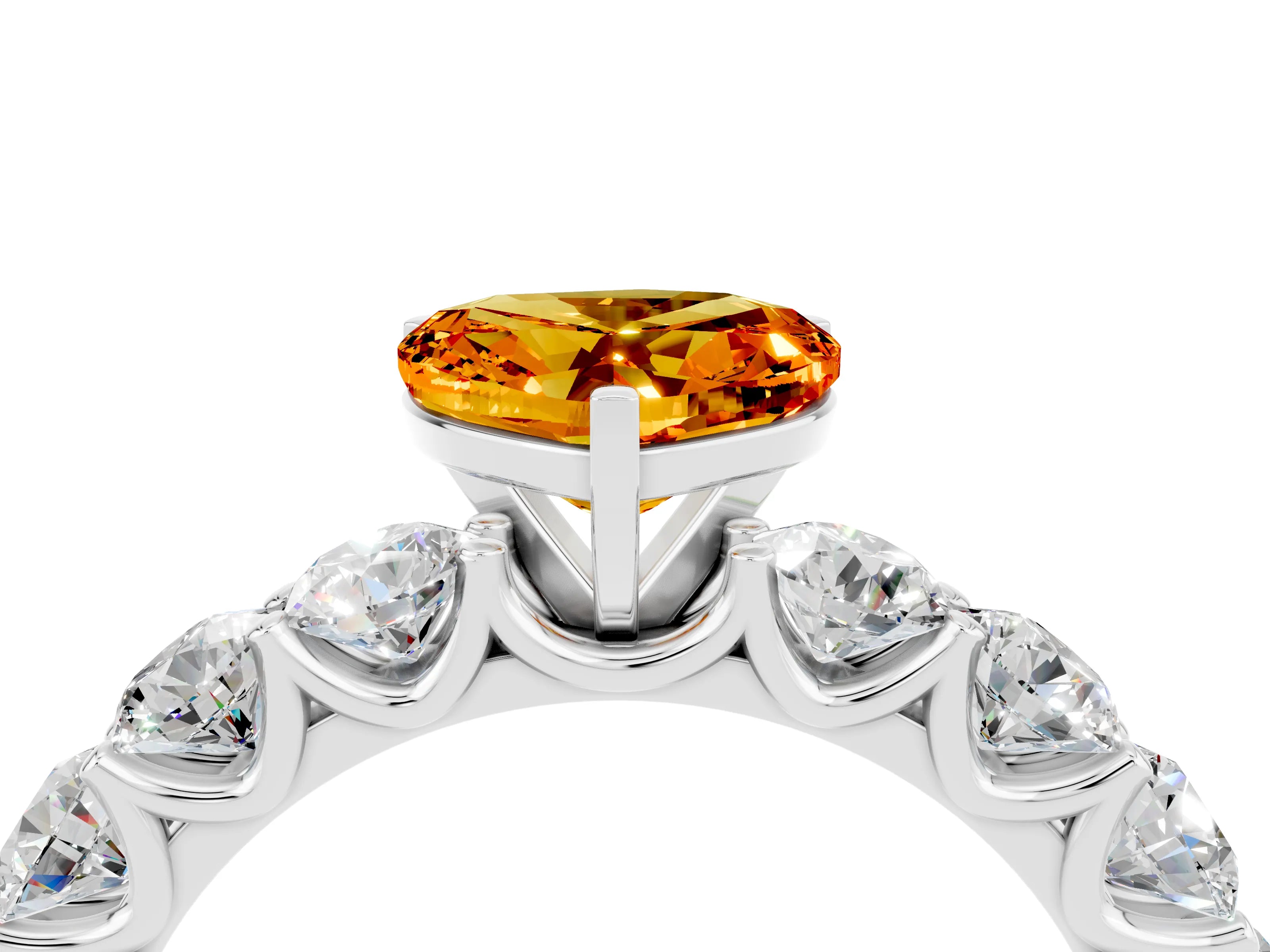 White gold Heart Cut Citrine Prong Setting with Side Stones on a Pave Band_4
