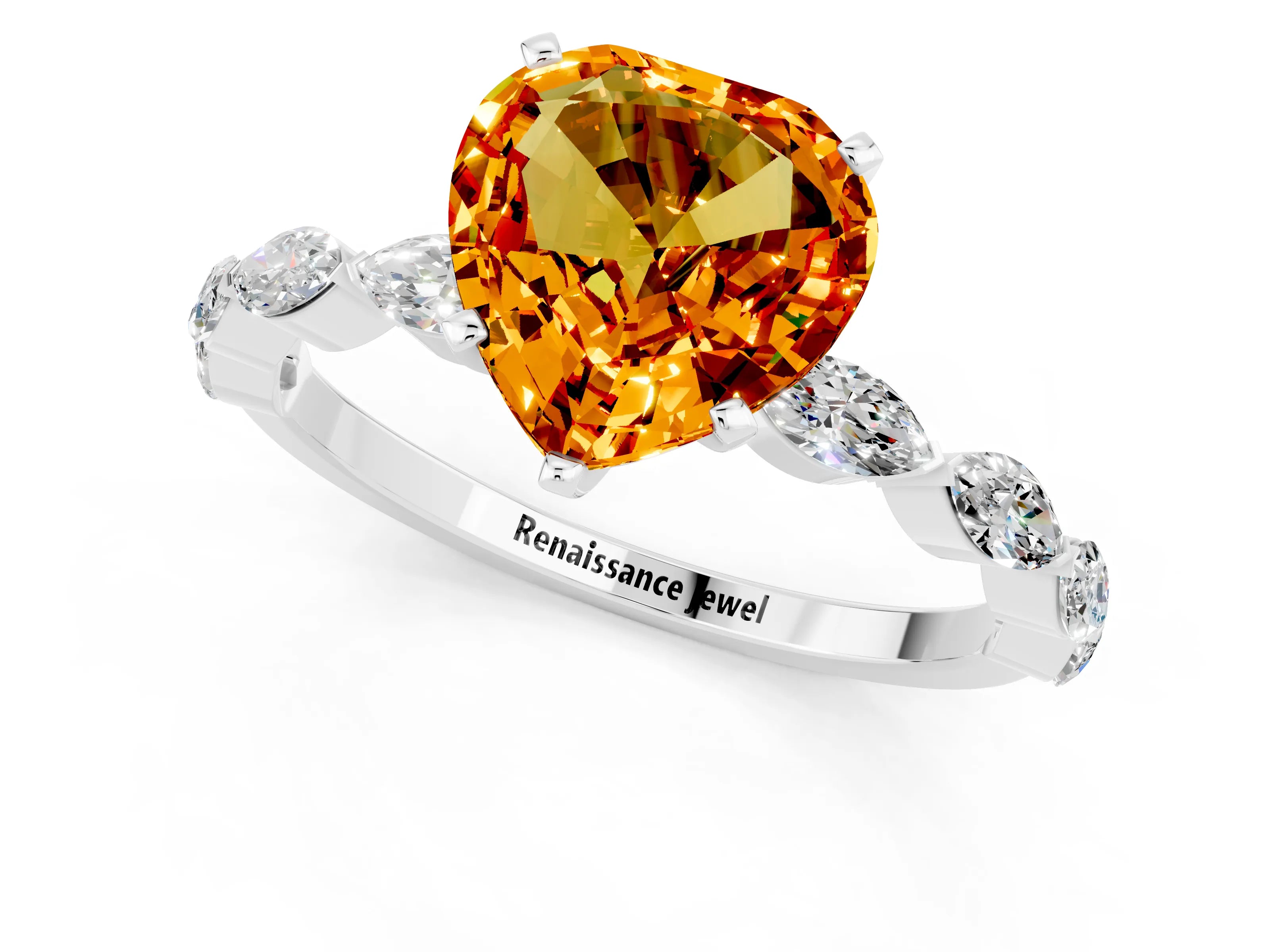 White gold Heart Cut Citrine Ring with Marquise Side Stones and Prong Setting_1