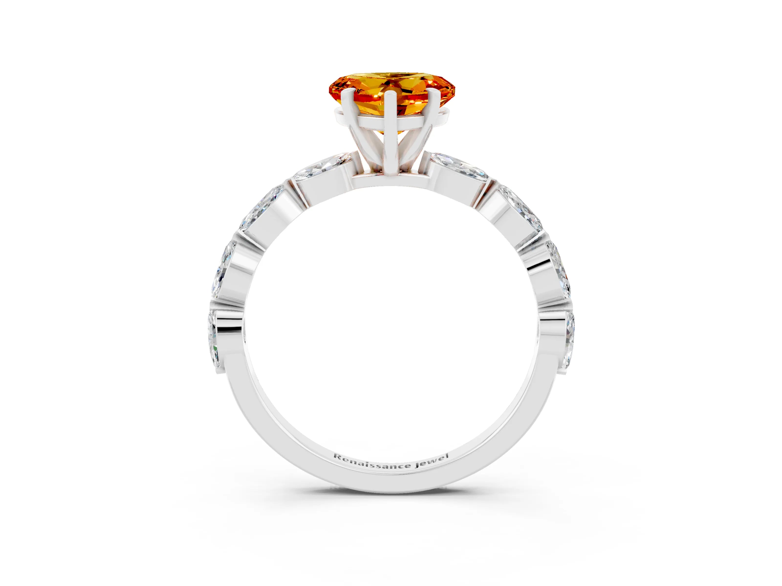 White gold Heart Cut Citrine Ring with Marquise Side Stones and Prong Setting_3