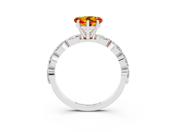 Silver Heart Cut Citrine Ring with Marquise Side Stones and Prong Setting