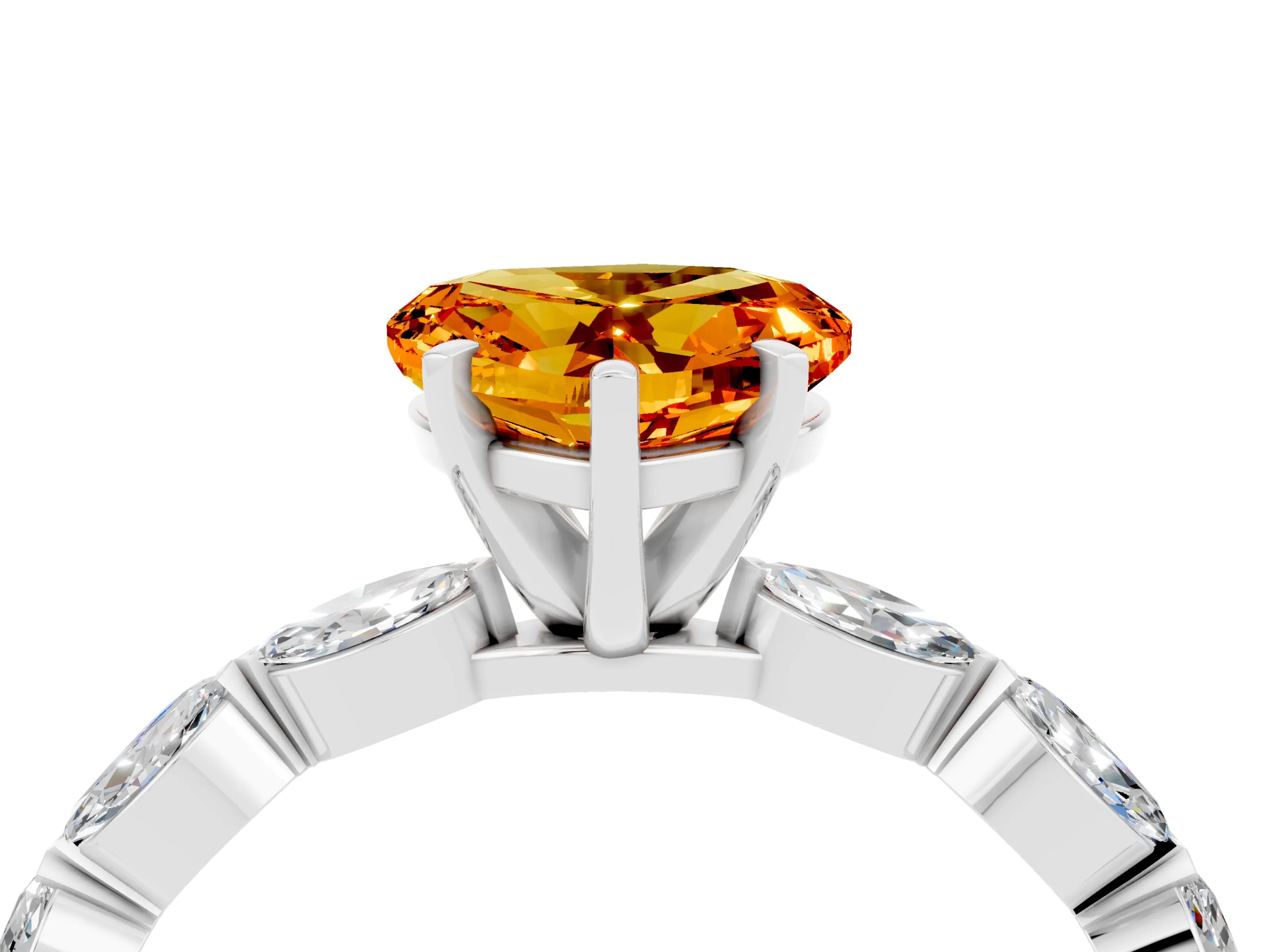 White gold Heart Cut Citrine Ring with Marquise Side Stones and Prong Setting_4