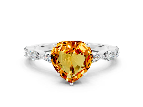 Silver Heart Cut Citrine Ring with Marquise Side Stones and Prong Setting