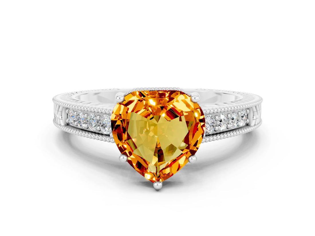 White gold Heart Cut Citrine Ring with Milgrain Pavé Band and Four-Prong Setting_12