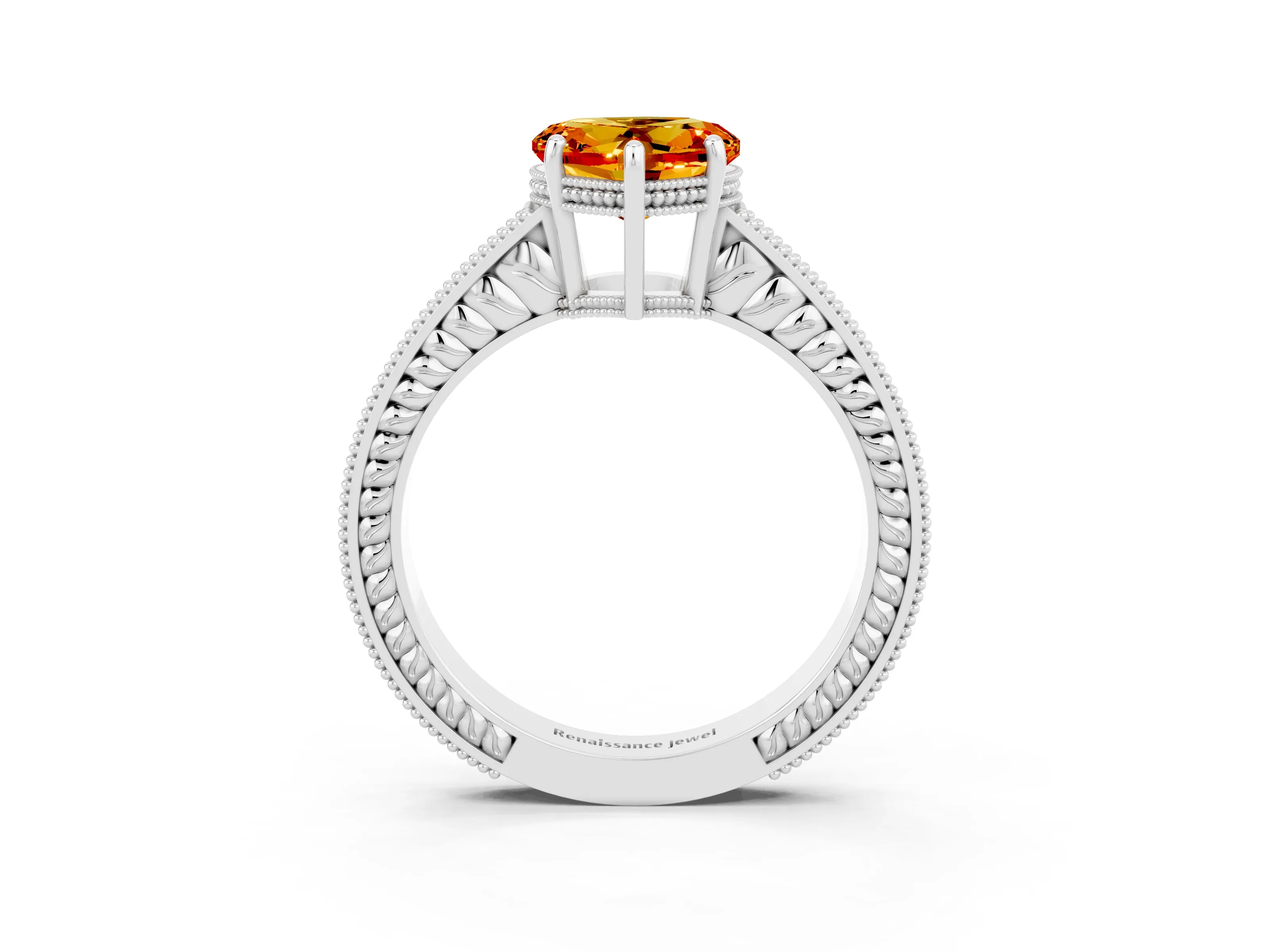 White gold Heart Cut Citrine Ring with Milgrain Pavé Band and Four-Prong Setting_15