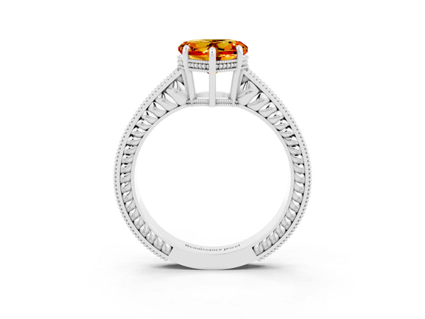 Platinum Heart Cut Citrine Ring with Milgrain Pavé Band and Four-Prong Setting