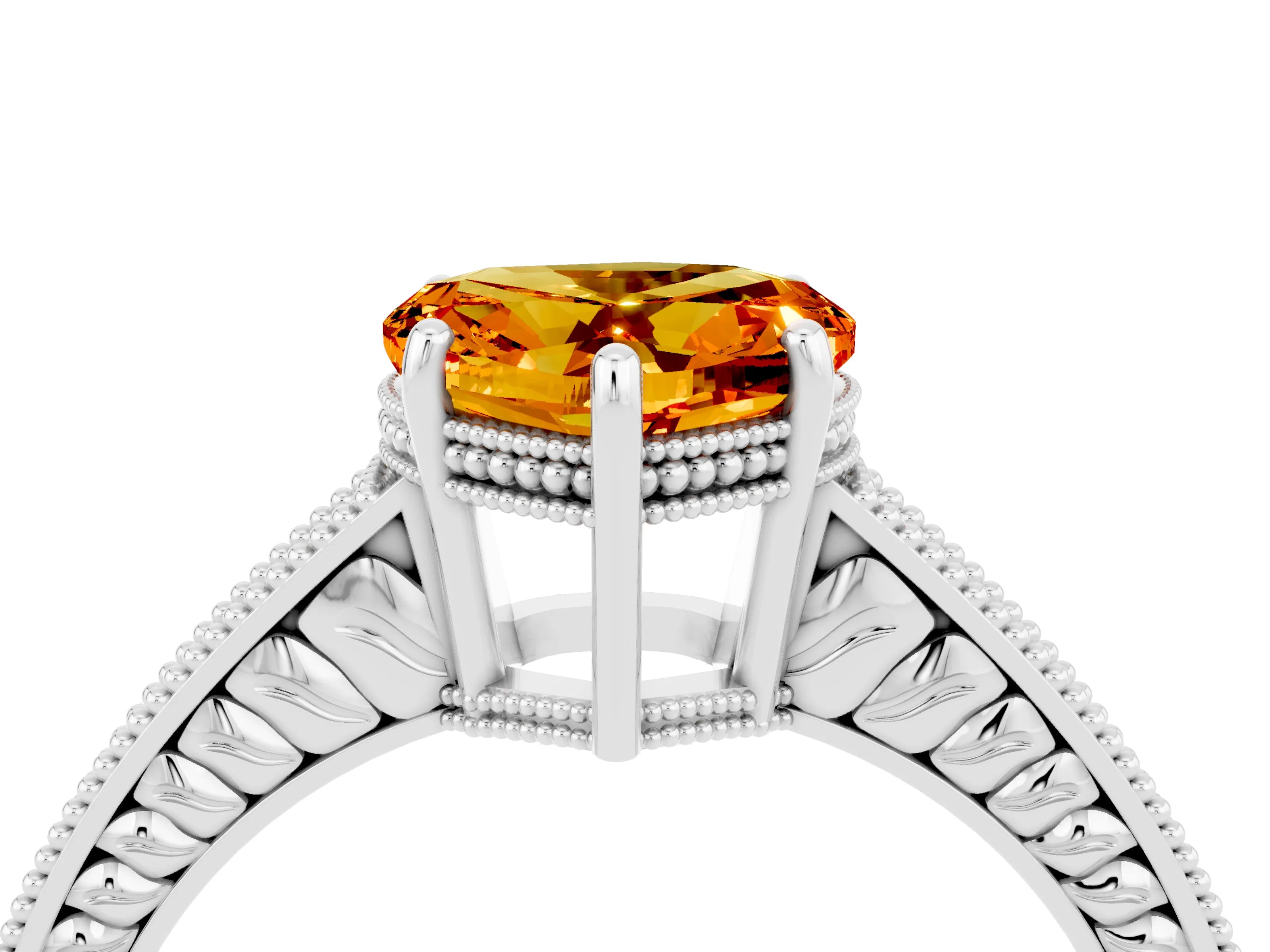 White gold Heart Cut Citrine Ring with Milgrain Pavé Band and Four-Prong Setting_16