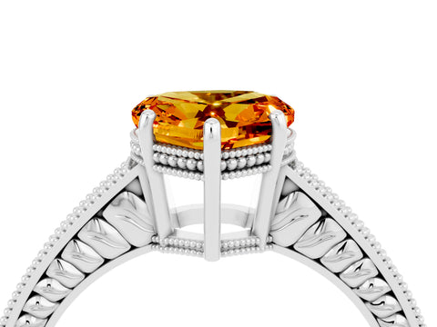 White gold Heart Cut Citrine Ring with Milgrain Pavé Band and Four-Prong Setting_16