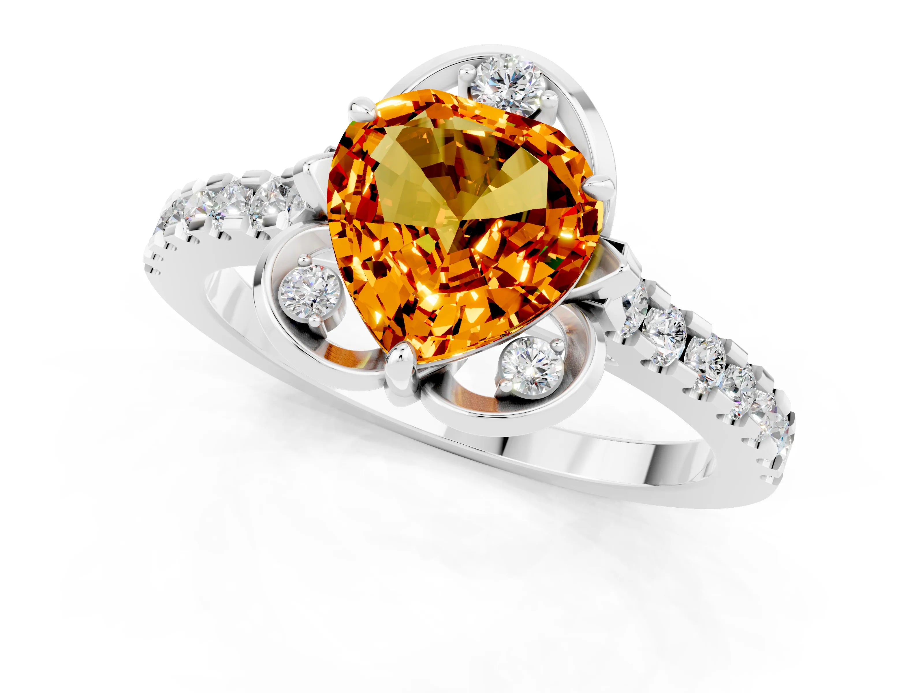 White gold Heart Cut Citrine Ring with Pavé Band and Floral Prong Setting_1