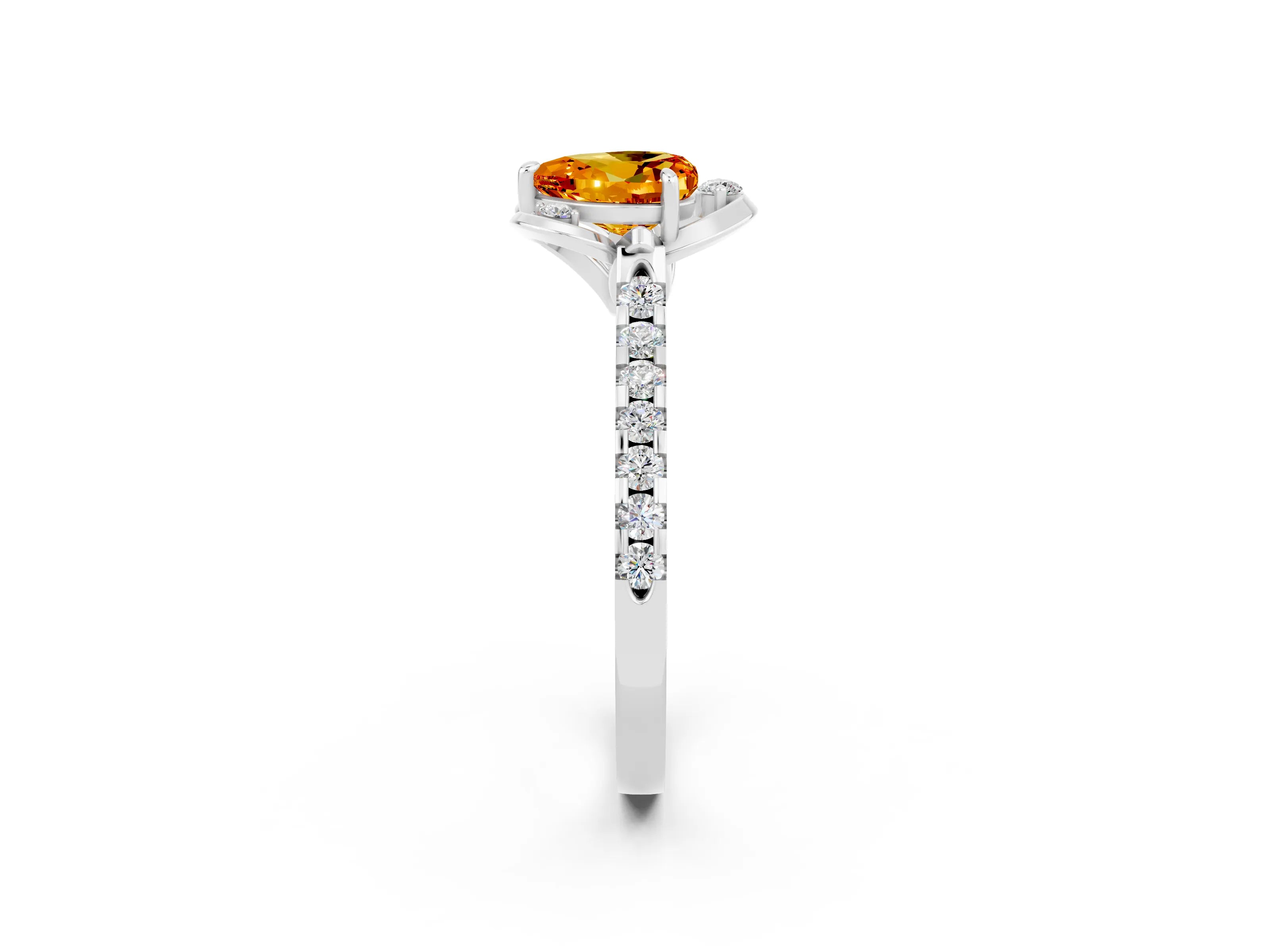 White gold Heart Cut Citrine Ring with Pavé Band and Floral Prong Setting_2
