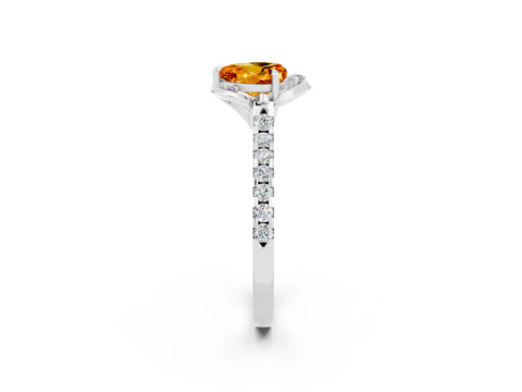 White gold Heart Cut Citrine Ring with Pavé Band and Floral Prong Setting_2