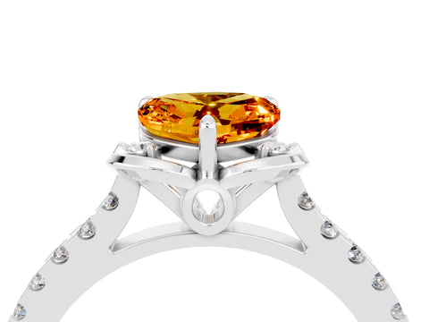 White gold Heart Cut Citrine Ring with Pavé Band and Floral Prong Setting_4