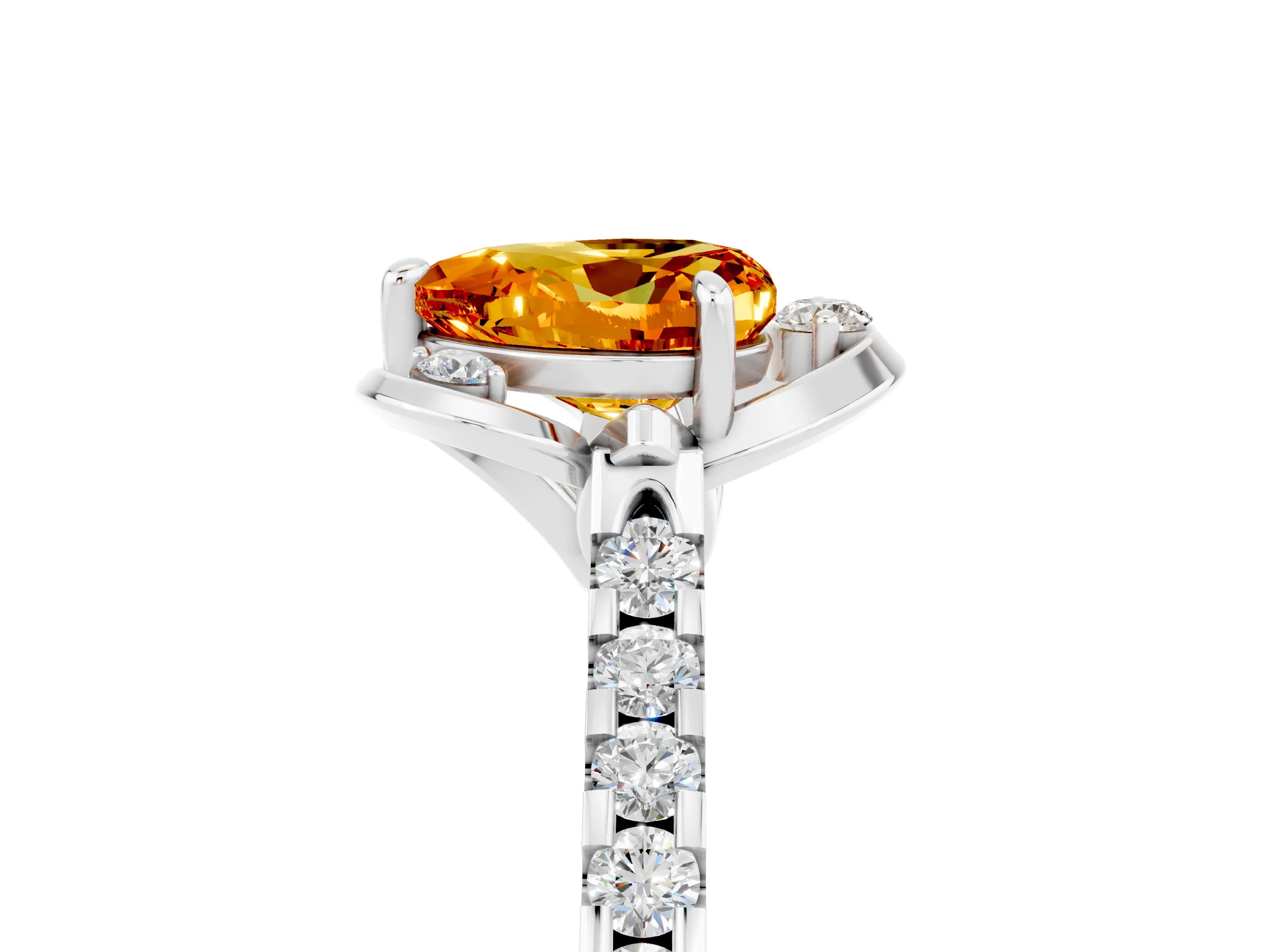 White gold Heart Cut Citrine Ring with Pavé Band and Floral Prong Setting_5