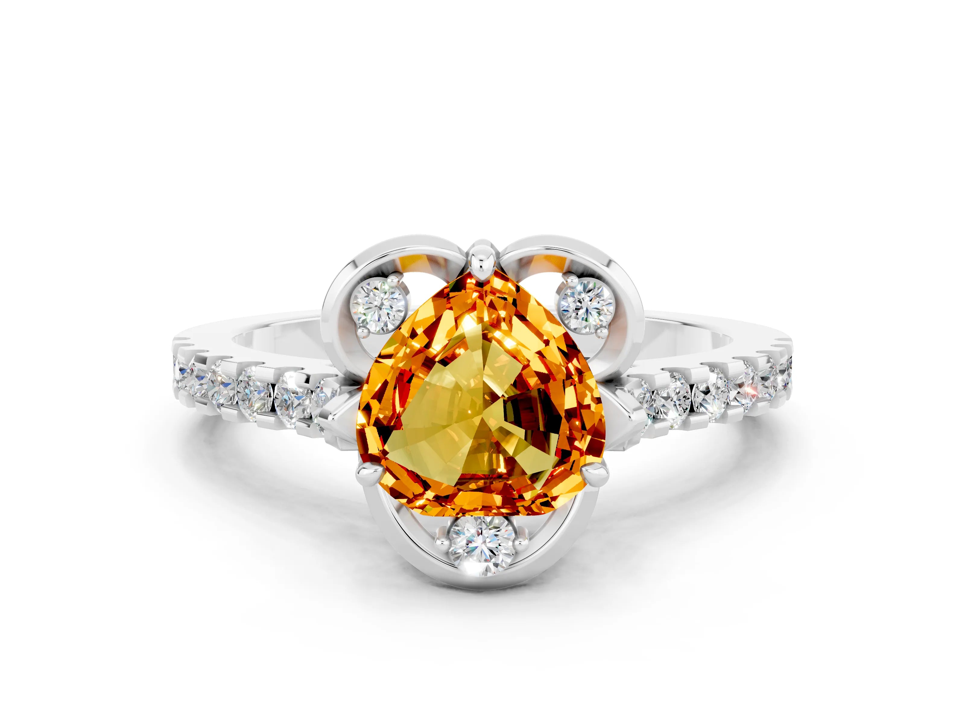 White gold Heart Cut Citrine Ring with Pavé Band and Floral Prong Setting