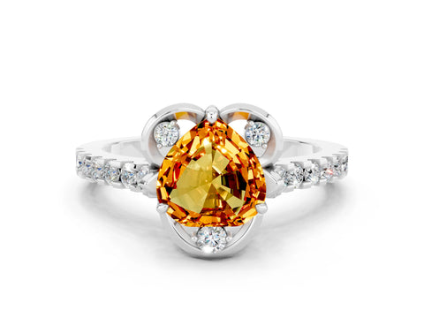 White gold Heart Cut Citrine Ring with Pavé Band and Floral Prong Setting
