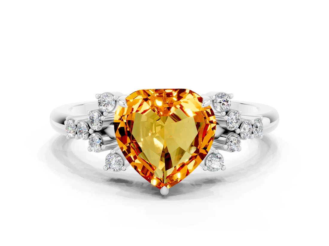 White gold Heart Cut Citrine Ring with Side Stones and Four-Prong Setting_36