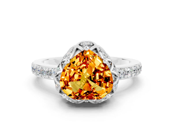 Platinum Heart Cut Citrine Scalloped Halo Engagement Ring with Round Shared Prong Band