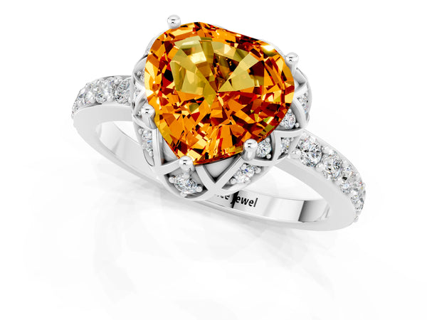 Silver Heart Cut Citrine Scalloped Halo Engagement Ring with Round Shared Prong Band