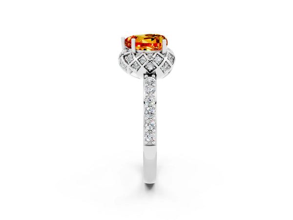 Platinum Heart Cut Citrine Scalloped Halo Engagement Ring with Round Shared Prong Band