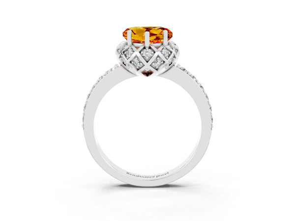 Platinum Heart Cut Citrine Scalloped Halo Engagement Ring with Round Shared Prong Band