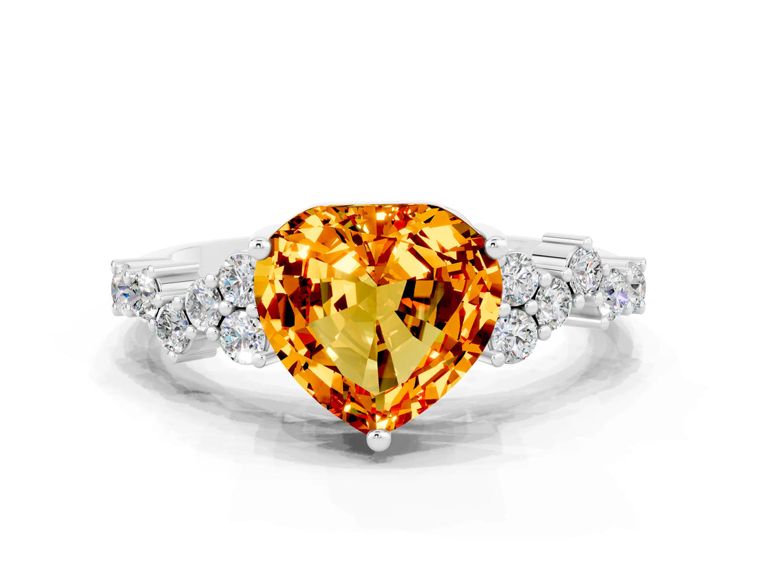 White gold Heart Cut Citrine Scattered Round Accent Ring with Prong Setting_24