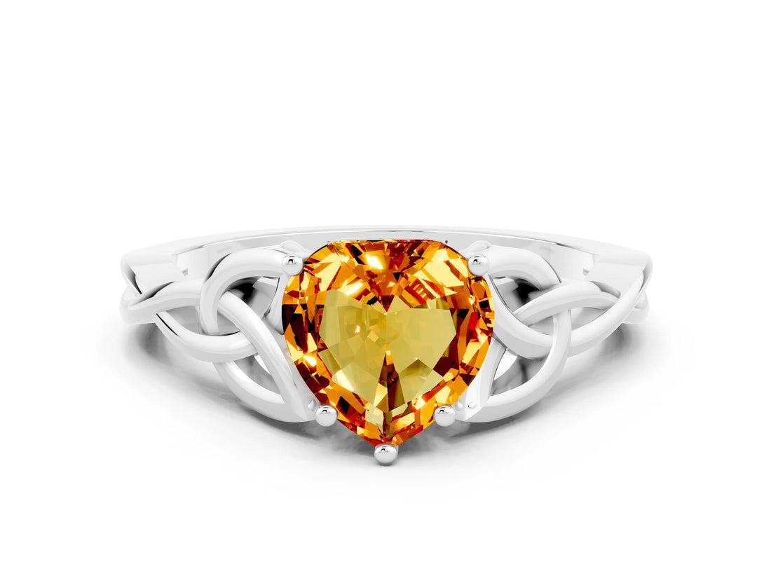 White gold Heart Cut Citrine Solitaire Celtic Knot Ring with Four-Prong Setting_12