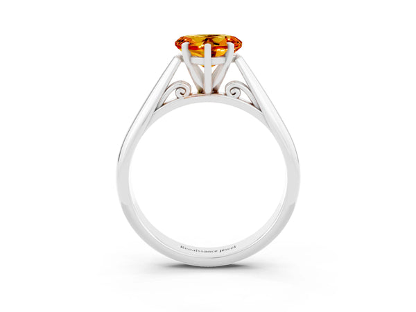 Platinum Heart Cut Citrine Solitaire Engagement Ring with Cathedral Setting and Four-Prong Mount