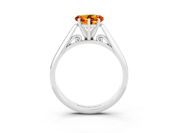 White gold Heart Cut Citrine Solitaire Engagement Ring with Cathedral Setting and Four-Prong Mount