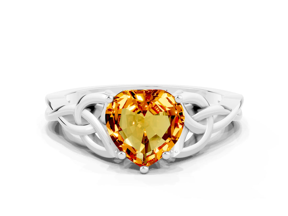 White gold Heart Cut Citrine Solitaire Engagement Ring with Celtic Knot Band and Four-Prong Setting