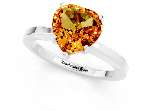 Silver Heart Cut Citrine Solitaire Engagement Ring with Classic Band and Four-Prong Setting