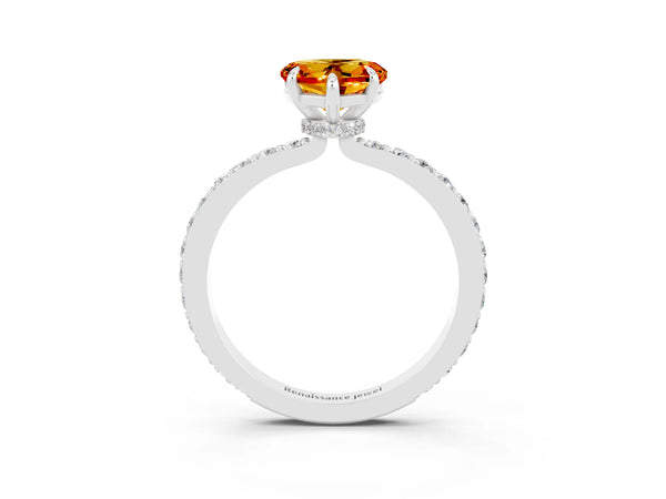 Silver Heart Cut Citrine Solitaire Engagement Ring with Pavé Band and Four-Prong Setting