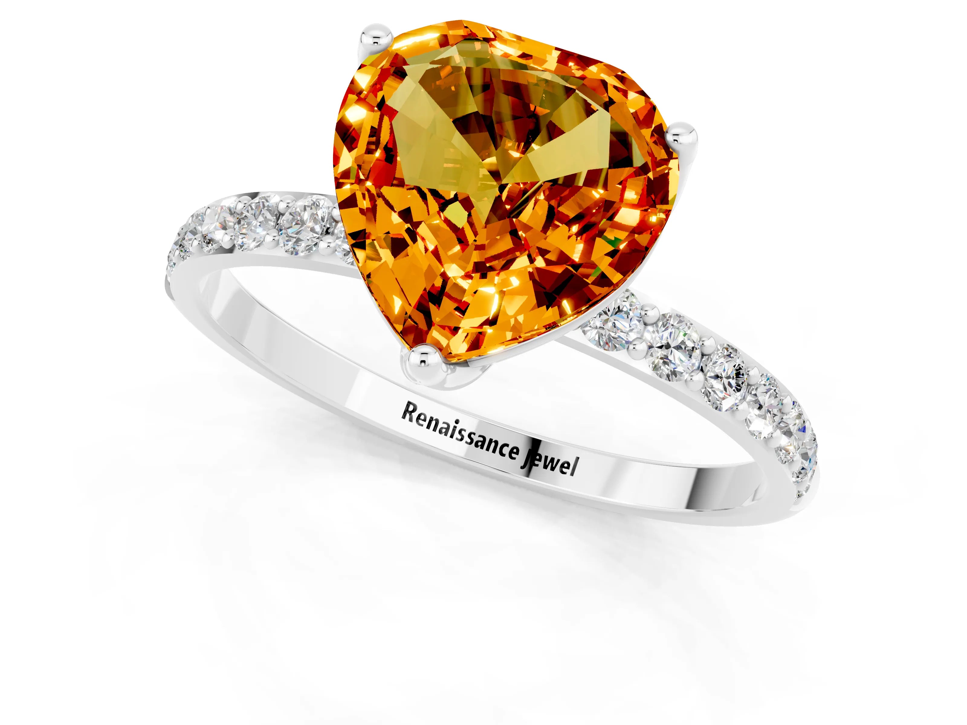 White gold Heart Cut Citrine Solitaire Engagement Ring with Pavé Band and Prong Setting_1