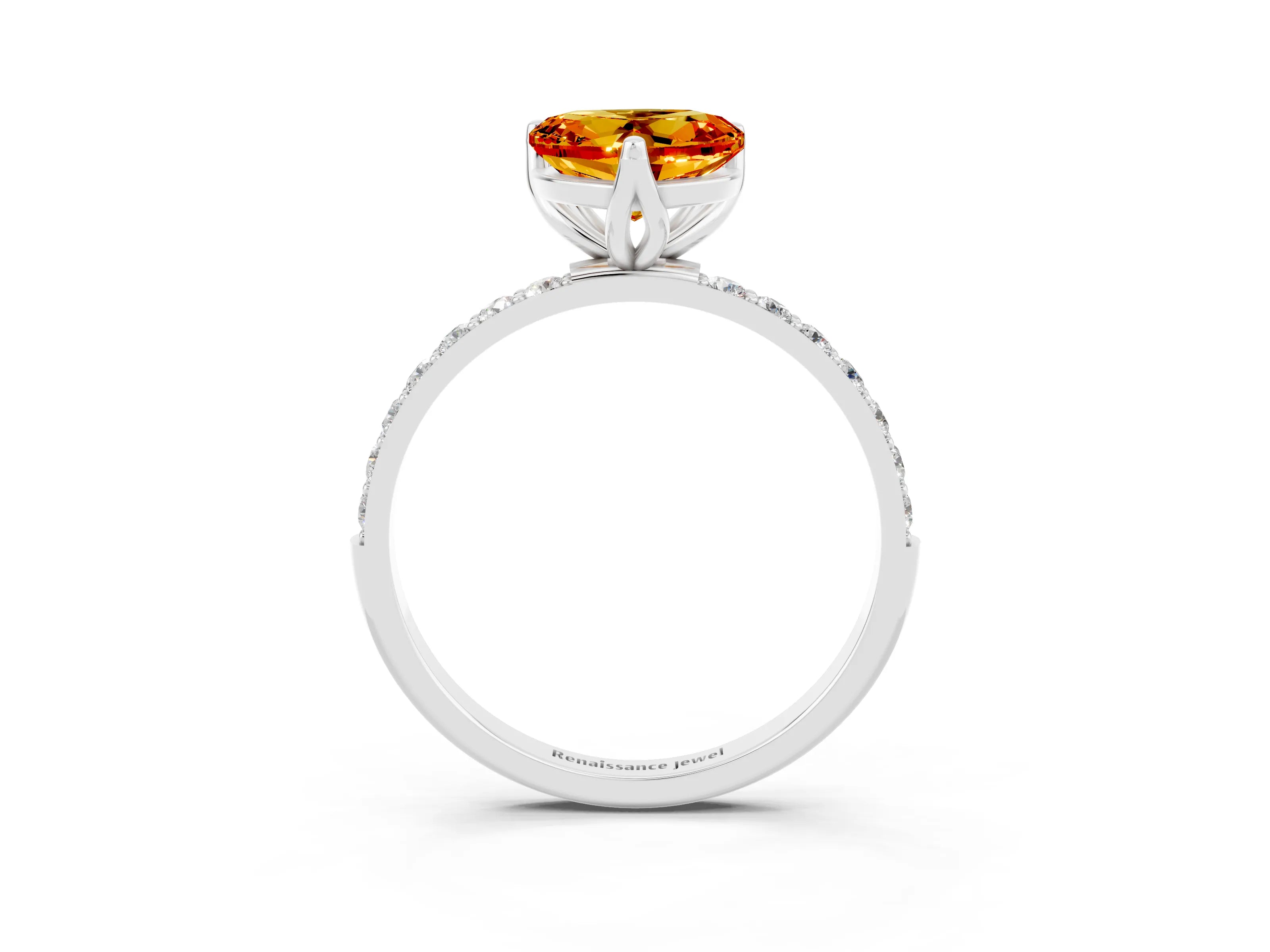 White gold Heart Cut Citrine Solitaire Engagement Ring with Pavé Band and Prong Setting_3