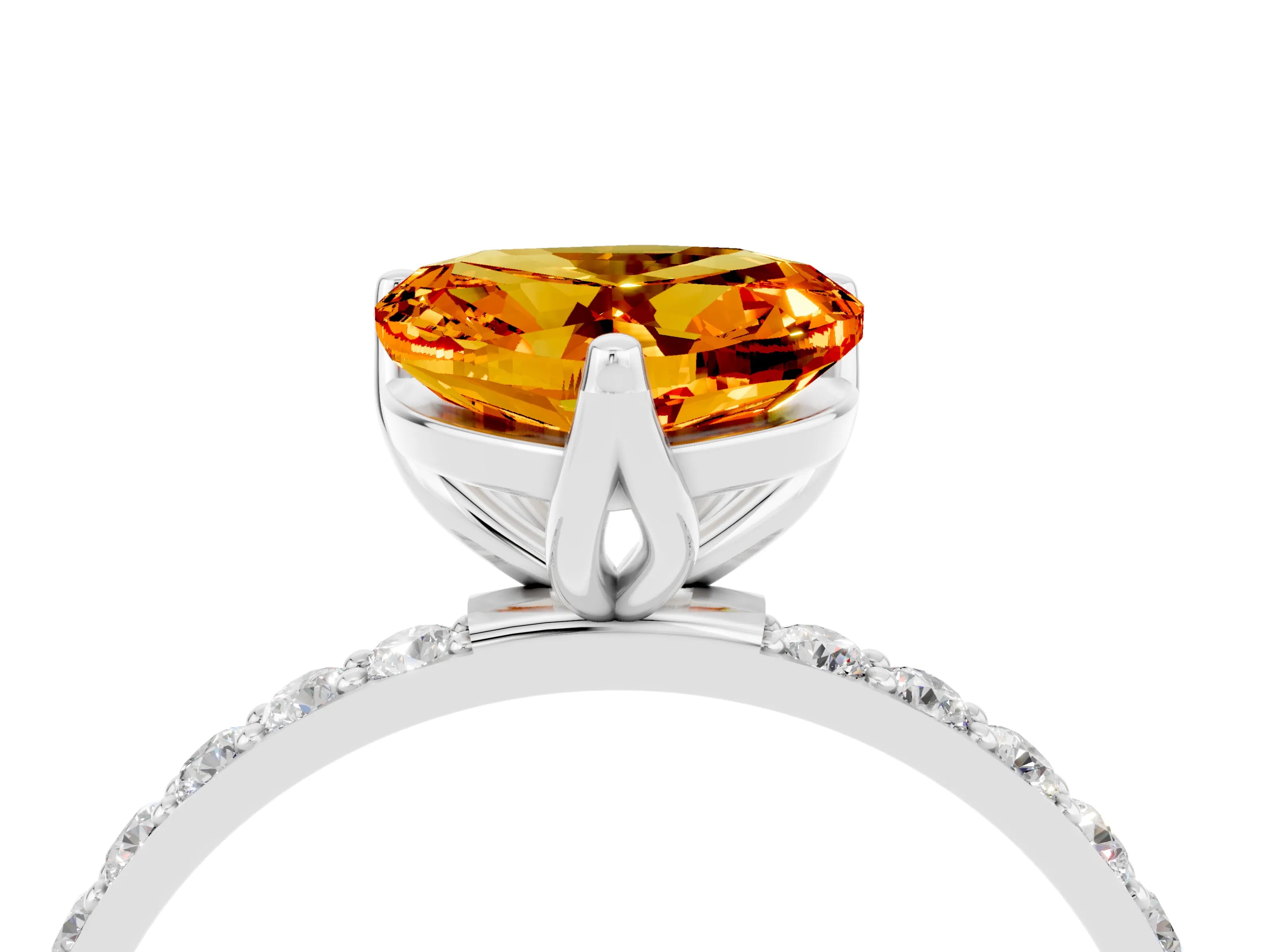 White gold Heart Cut Citrine Solitaire Engagement Ring with Pavé Band and Prong Setting_4