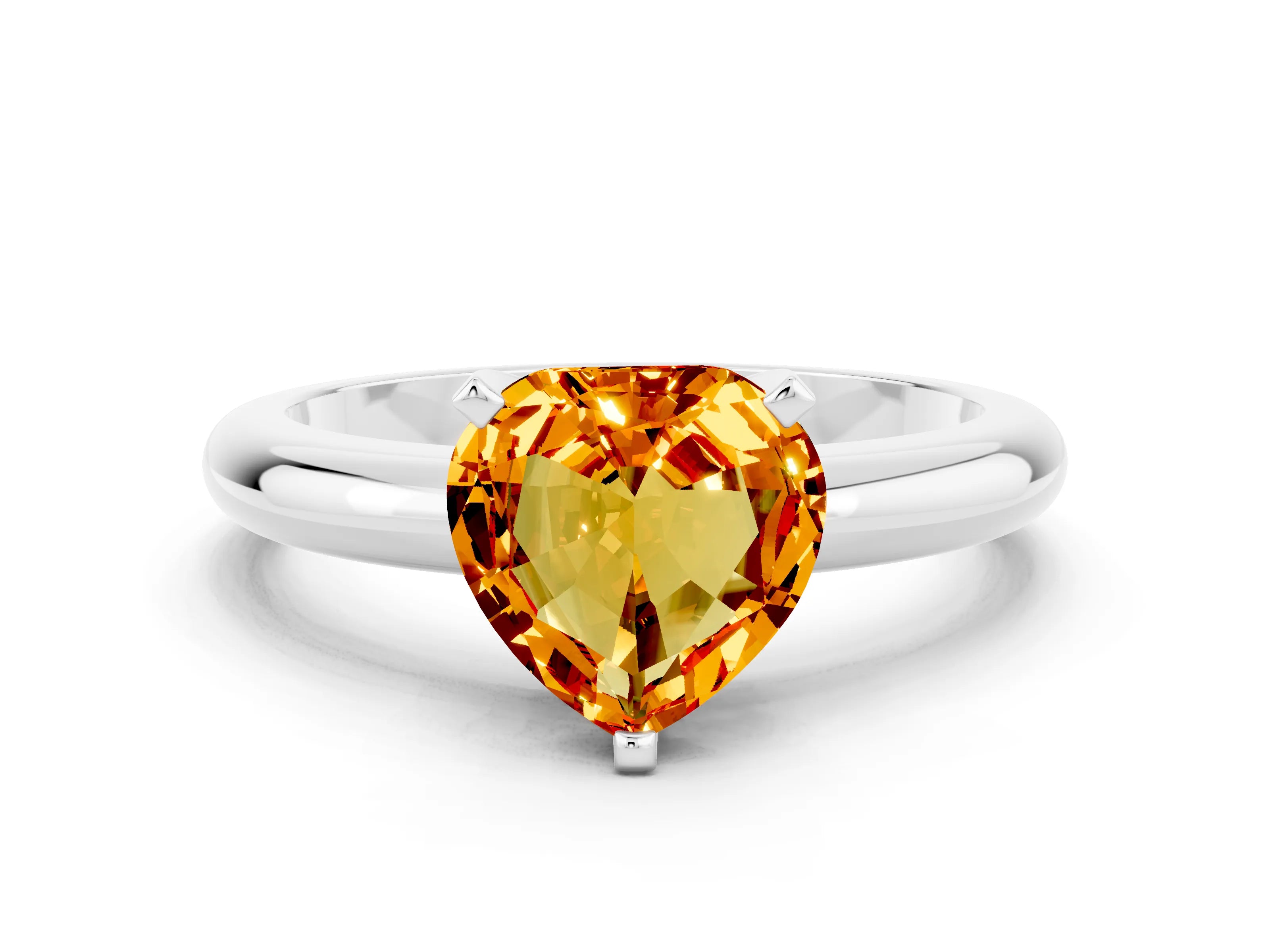 White gold Heart Cut Citrine Solitaire Engagement Ring with Round Band and Four-Prong Setting