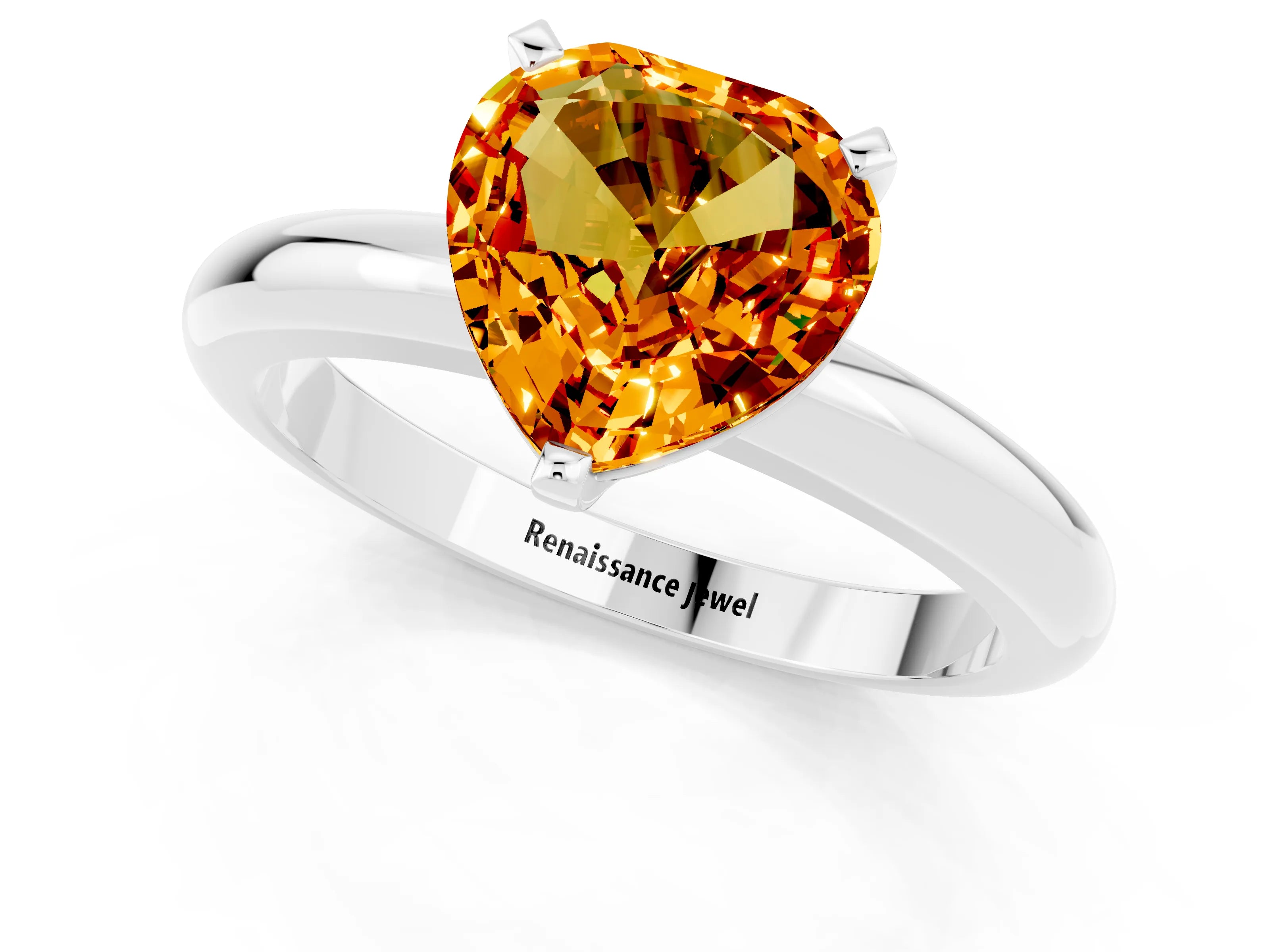 White gold Heart Cut Citrine Solitaire Engagement Ring with Round Band and Four-Prong Setting_1