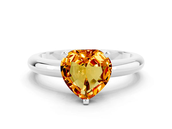 White gold Heart Cut Citrine Solitaire Engagement Ring with Round Band and Four-Prong Setting