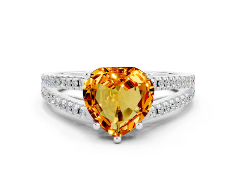 White gold Heart Cut Citrine Solitaire Engagement Ring with Split Shank Pavé Band
