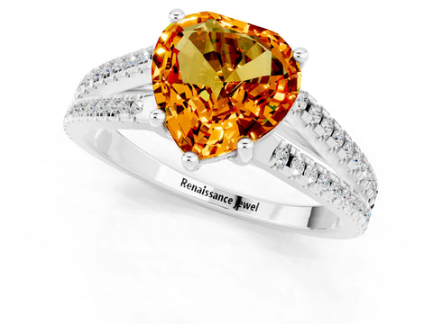 White gold Heart Cut Citrine Solitaire Engagement Ring with Split Shank Pavé Band_1