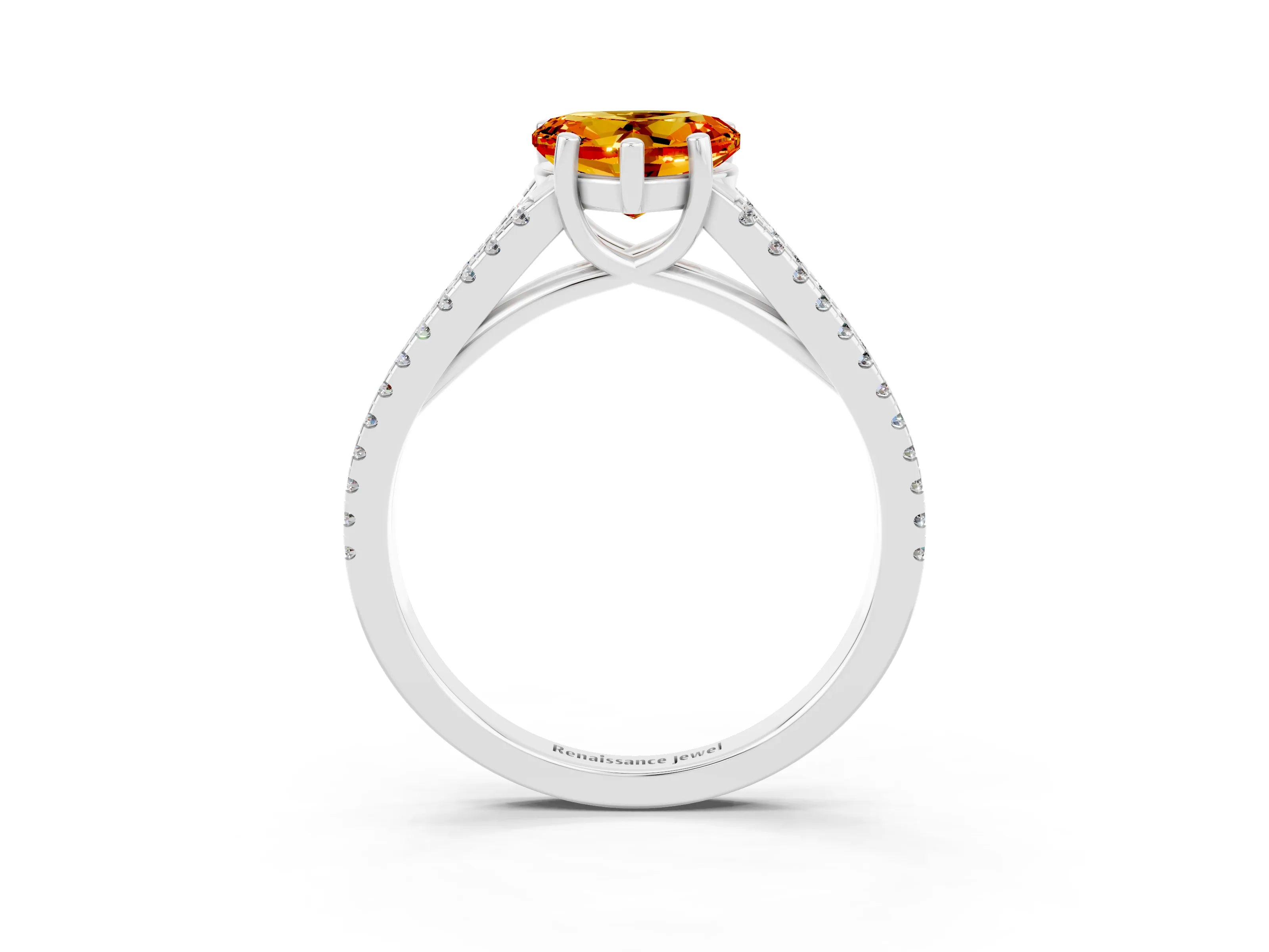 White gold Heart Cut Citrine Solitaire Engagement Ring with Split Shank Pavé Band_3