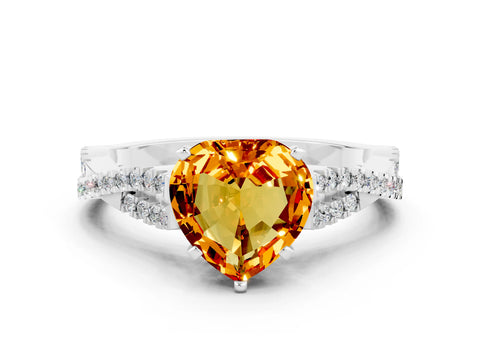 White gold Heart Cut Citrine Solitaire Engagement Ring with Twisted Pavé Band and Four-Prong Setting_12