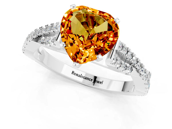 Platinum Heart Cut Citrine Solitaire Engagement Ring with Twisted Pavé Band and Four-Prong Setting