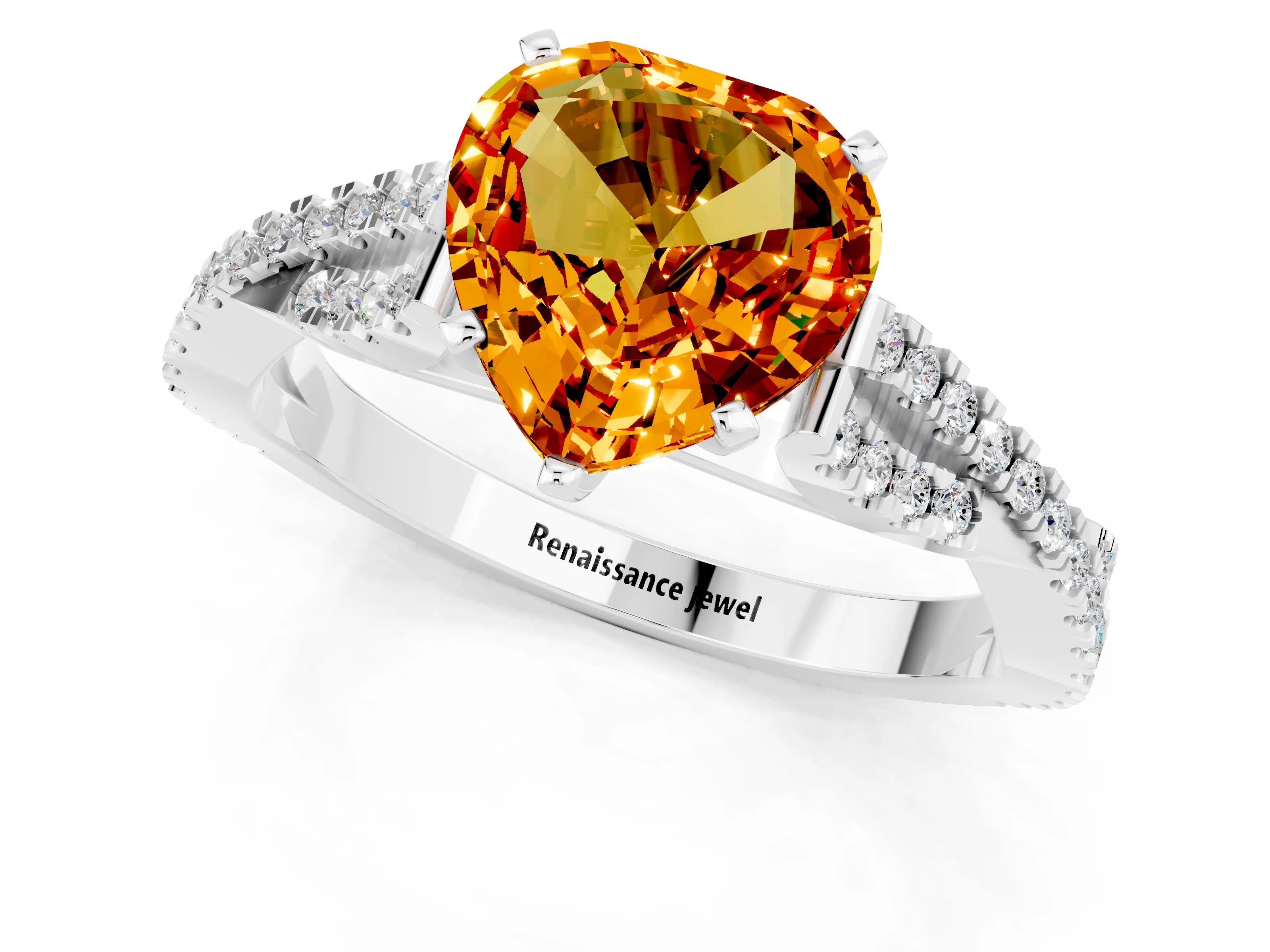 White gold Heart Cut Citrine Solitaire Engagement Ring with Twisted Pavé Band and Four-Prong Setting_13