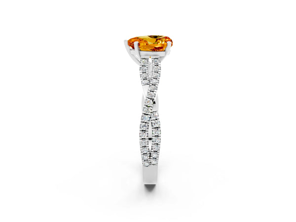 Platinum Heart Cut Citrine Solitaire Engagement Ring with Twisted Pavé Band and Four-Prong Setting