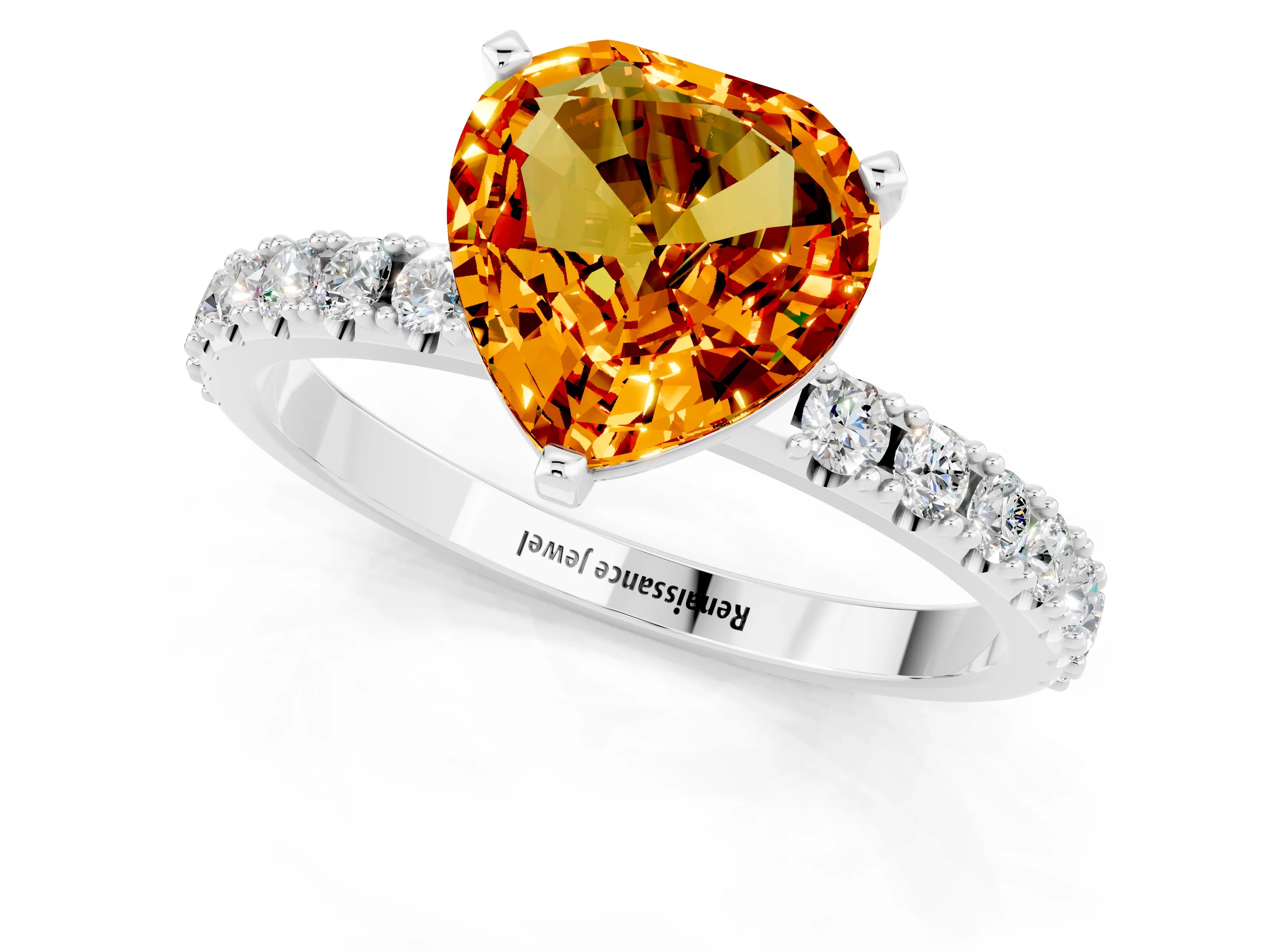 White gold Heart Cut Citrine Solitaire Pavé Band with Four-Prong Setting_1