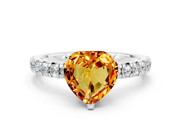 White gold Heart Cut Citrine Solitaire Pavé Engagement Ring with Round Band and Prong Setting