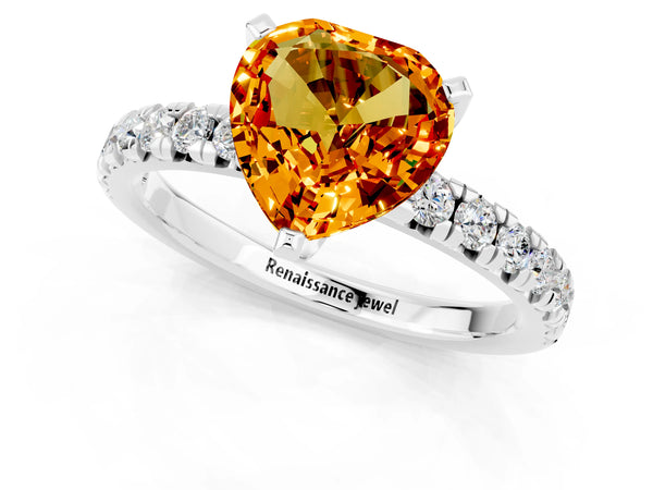 Platinum Heart Cut Citrine Solitaire Pavé Engagement Ring with Round Band and Prong Setting